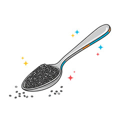 Chia seeds in a spoon with colorful accents and scattered seeds  