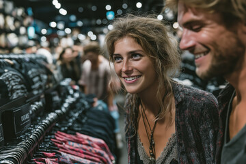 Couple souriant faisant du shopping dans un magasin de vêtements, moment complice de vie quotidienne et de mode à deux