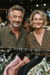 Couple souriant faisant du shopping dans un magasin de vêtements, moment complice de vie quotidienne et de mode à deux