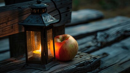 A rustic lantern glows warmly beside a ripe apple, both resting on a weathered wooden bench at dusk.  The scene evokes a sense of calm and tranquility