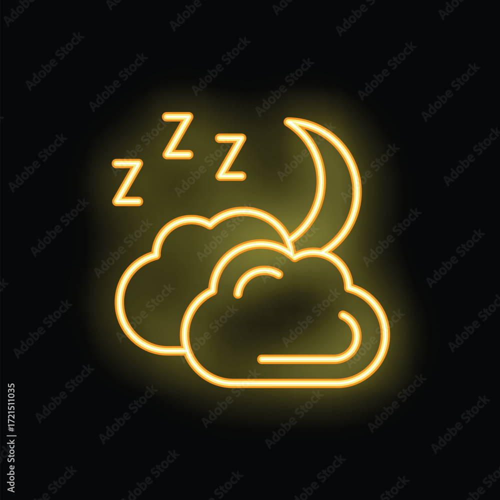 Aufkleber glowing neon sign of a crescent moon partially hidden behind clouds and z's floating above represent