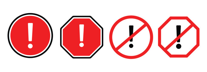 Danger warning icon set. Alert triangle warn sign in black, yellow, and red colors. Exclamation sign