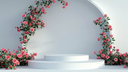 A minimalist 3D rendering showcases a two-tiered white cylindrical pedestal encircled by climbing pink roses against a white arched backdrop