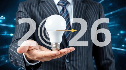 The background is a dark, slightly blurred digital interface with blue data points. The large, bold white numerals '20' and '26' flank the light bulb, forming the year '2026'.
