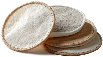 Close up of several soft, round, reusable makeup remover pads in varying shades of white, beige, and gray, stacked on a white background.