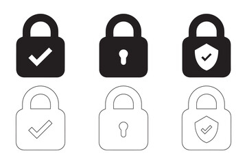 Padlock icon set. isolated on white background, outline and glyph vector design.