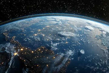 Obraz premium Realistic depiction of earth featuring a vibrant blue atmosphere against a cosmic backdrop