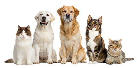 Fototapeta premium A group of pets including two labrador dogs and three cats sitting together on a white background