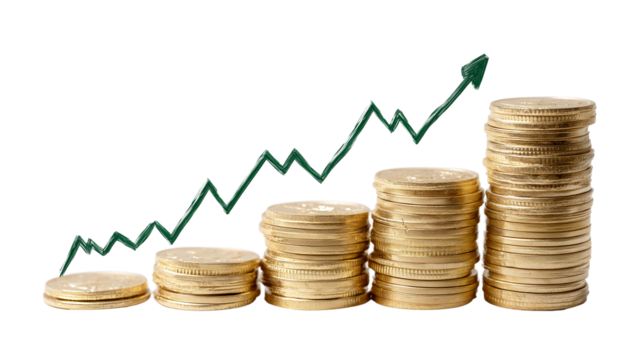 Stacks of coins with a green arrow on transparent background