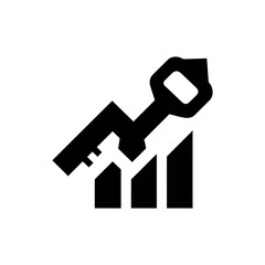 A black and white graphic of a key over ascending bars representing growth and success in a minimalist style