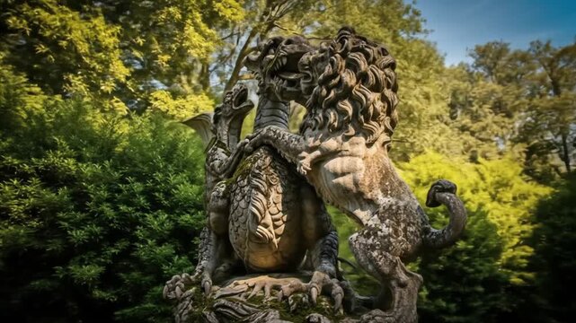 A moss-covered stone sculpture depicting a dragon and a lion in combat surrounded by lush green foliage under a blue sky