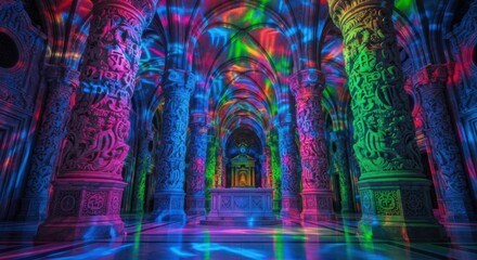 Colorful Light Projection on Ornate Historic Church Interior with Illuminated Columns