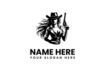 Silhouette of a Cowgirl with Flowing Hair Holding a Revolver.