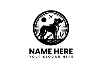 Fototapeta premium Silhouette of a Hunting Dog with Rifle Airplane and Sun in Circular Design.