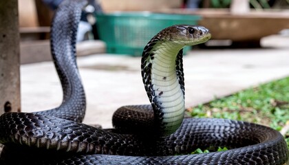 Fototapeta premium Cobra in defensive posture showing hood and scales in natural outdoor setting during daytime