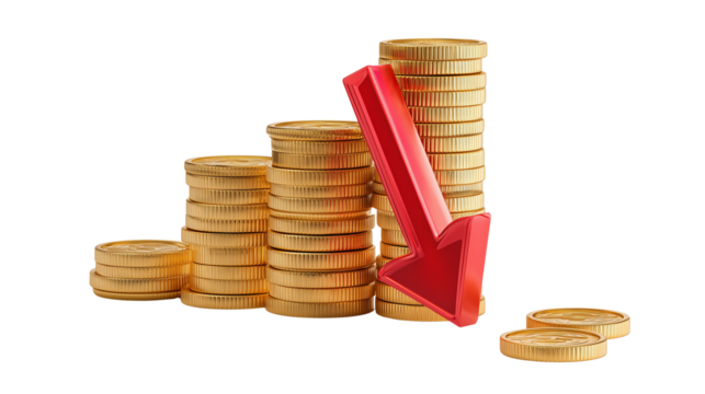 Stacks of coins with a falling red arrow isolated on transparent background