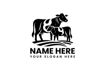 Silhouetted Cow and Calf on a Field Logo Design.