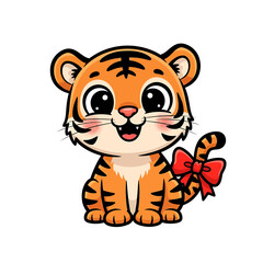 Fototapeta premium Cute cartoon tiger cub with a lovely red bow.