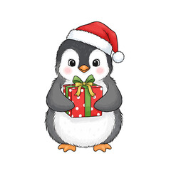 A Cute Penguin in a Santa Hat Holding a Gift.