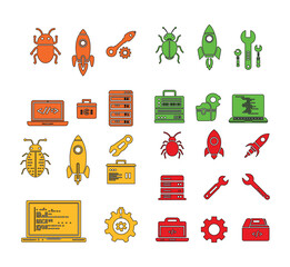 A collection of colorful software development icons including bugs rockets and laptops on a white background, A set of icons for software and app development: a bug, a rocket ship, a tool box, a serve