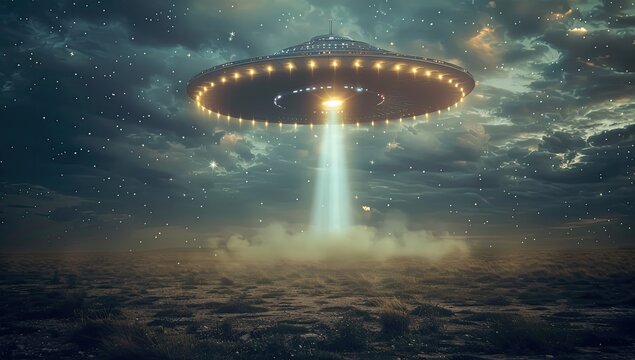 A classic flying saucer descends from a stormy night sky, its beam illuminating a barren landscape below, creating a dramatic and mysterious scene - Powered by Adobe