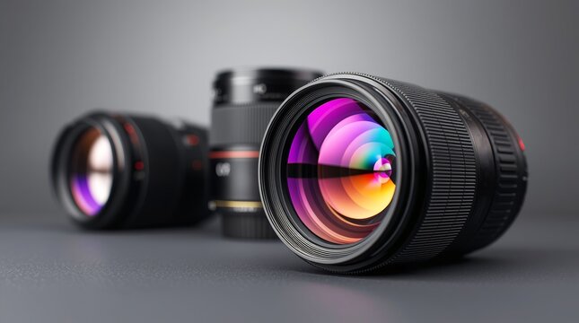 A high-quality, professional studio shot featuring a collection of three modern camera lenses arranged diagonally on a smooth, dark grey surface, against a darker grey background. 