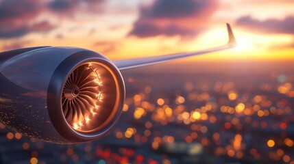 Modern aircraft gracefully descending over a engineering  glowing metropolis, during a breathtaking twilight journey as golden engine turbines engineering  softly engineering  reflec