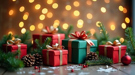 Christmas Gift Setup with Pine Branches, Ornaments & Warm Lights on Wooden Surface