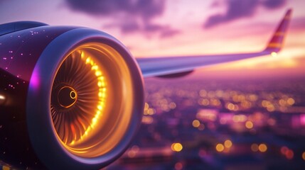 Mesmerizing airplane turbine illuminated by fiery internal breathtaking panorama light, soaring above a dazzling bokeh city at dusk against a dramatic colorful breathtaking panorama sky evoking a brea