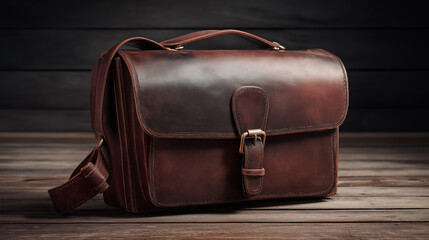 Closed vintage leather satchel on wooden floor with rustic academic style and timeless retro fashion vibe