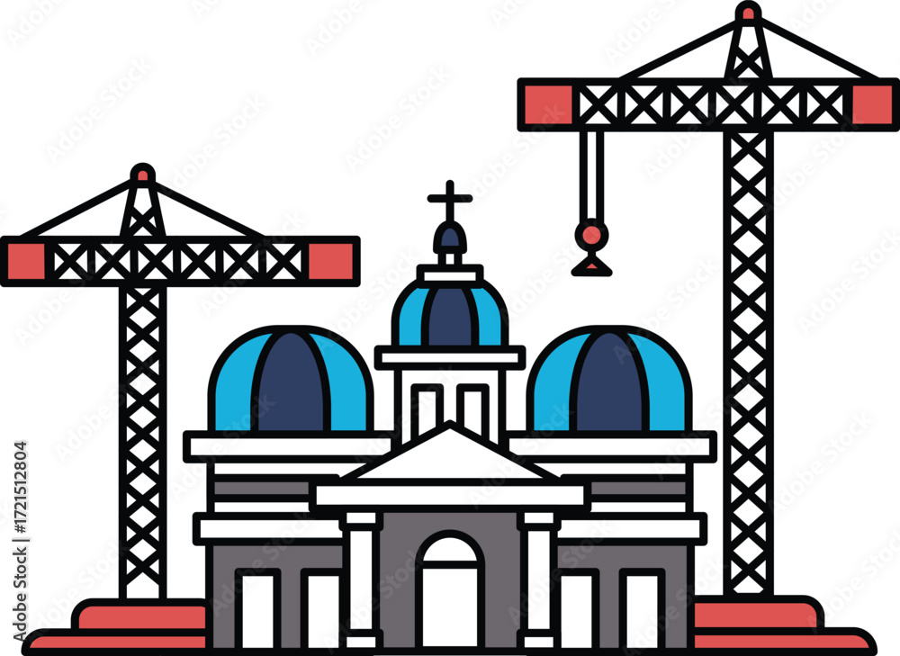 Poster a large building with a dome on top and a large crane in the background