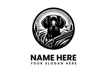 Sleek Black Hunting Dog Portrait with Shotgun in Circular Emblem Design.