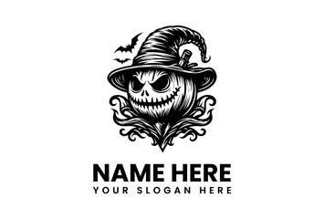 Sinister Pumpkin Scarecrow with Witch Hat and Bats Silhouette Illustration.