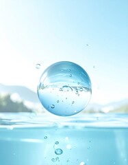 Clear Water Sphere Floating Above Water Surface.