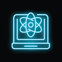 Glowing blue neon icon of a laptop displaying an atom structure, symbolizing online science education and e learning