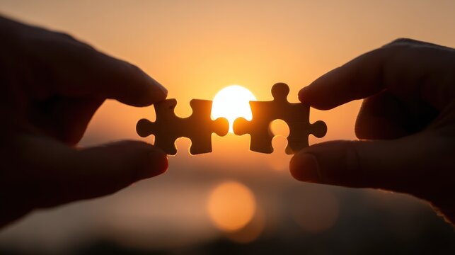 Silhouetted hands hold puzzle pieces, connecting during a sunny sunset