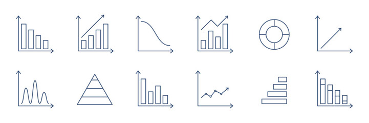 Graph chart line icons set. Business data statistic. Investment finance progress plan. Infographic template. Annual report presentation. Pie chart diagram. Web interface. Vector illustration