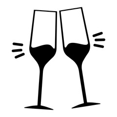 Illustration of two champagne glasses clinking together in a celebratory toast design in black and white