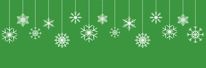 Christmas snowflakes garland on green background. White hanging snowflake bg. Holiday party design elements. Happy New Year ornament border. Luxury greeting card. Celebration banner. Vector illustrati