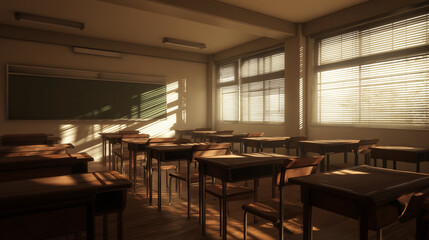 Empty classroom with wooden desks aligned in sunlight