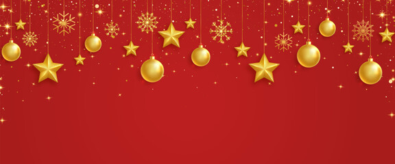 Gold balls, stars and snowflakes frame. Celebration red background. Bright Holiday ornament. Luxury hanging baubles. Christmas 3d gold glass toys. Festive glitter design elements. Vector illustration
