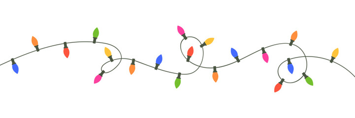 Christmas color light string garland. Holiday bright decoration. Fairy glowing bulb. Led neon lamp on transparent banner. New Year luxury string baubles. Celebration party frame. Vector illustration
