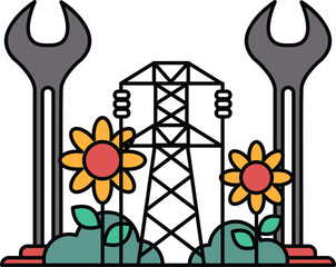 A black and white drawing of a wrench