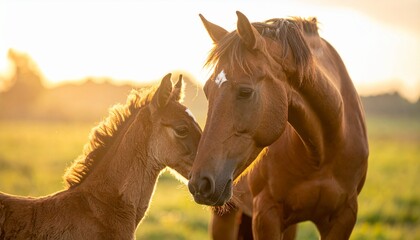 Obraz premium Tender mare and foal nuzzle in a sunlit field, showcasing their bond.