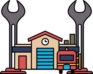 A black and white drawing of a building with a clock on the side