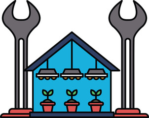 A black and white drawing of a house with a wrench on top of it