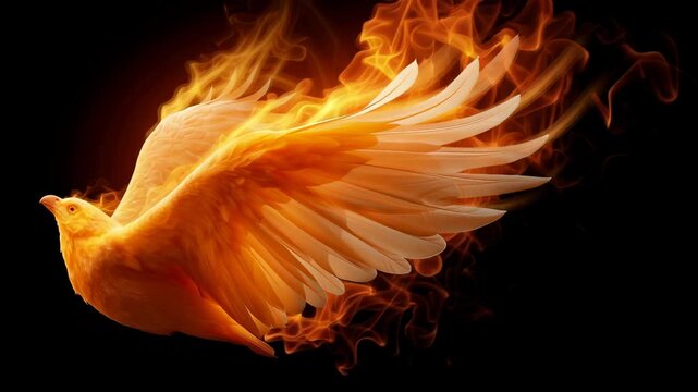 Majestic phoenix with golden-orange plumage rising from intense flames, displaying expansive wings against stark black backdrop. Intricate feather details illuminated by dynamic fire movement.