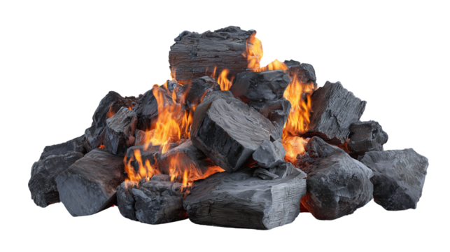 Pile of burning charcoal isolated on transparent background