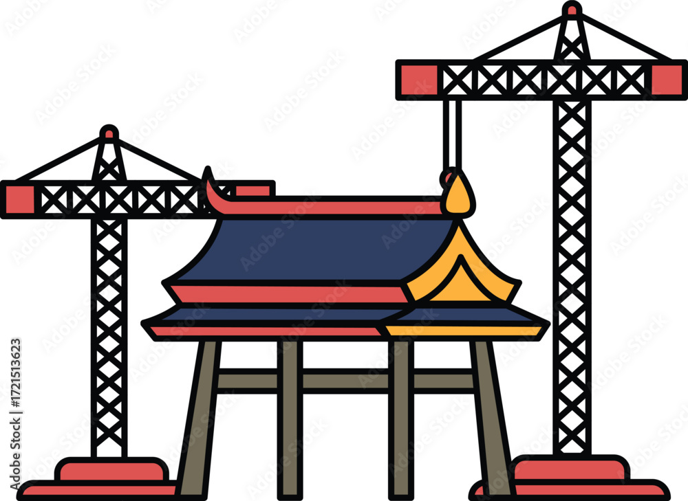 Poster a building with a crane in front of it