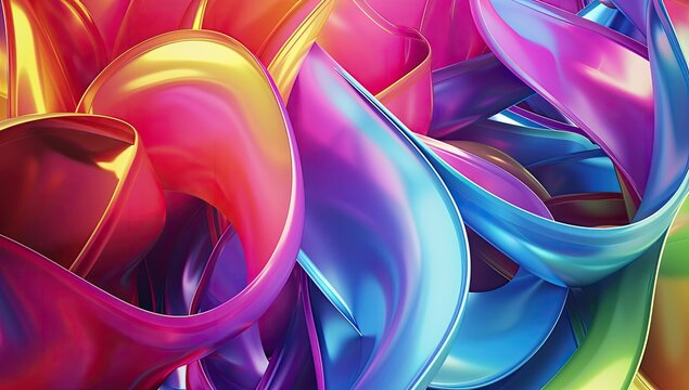 An abstract image showcasing vibrant, iridescent ribbons interweaving in a dynamic, three-dimensional composition.  The ribbons' glossy surfaces reflect light, creating a sense of depth and movement - Powered by Adobe